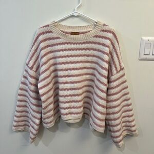 POL Women's Cream and Pink Oversized Striped Sweater